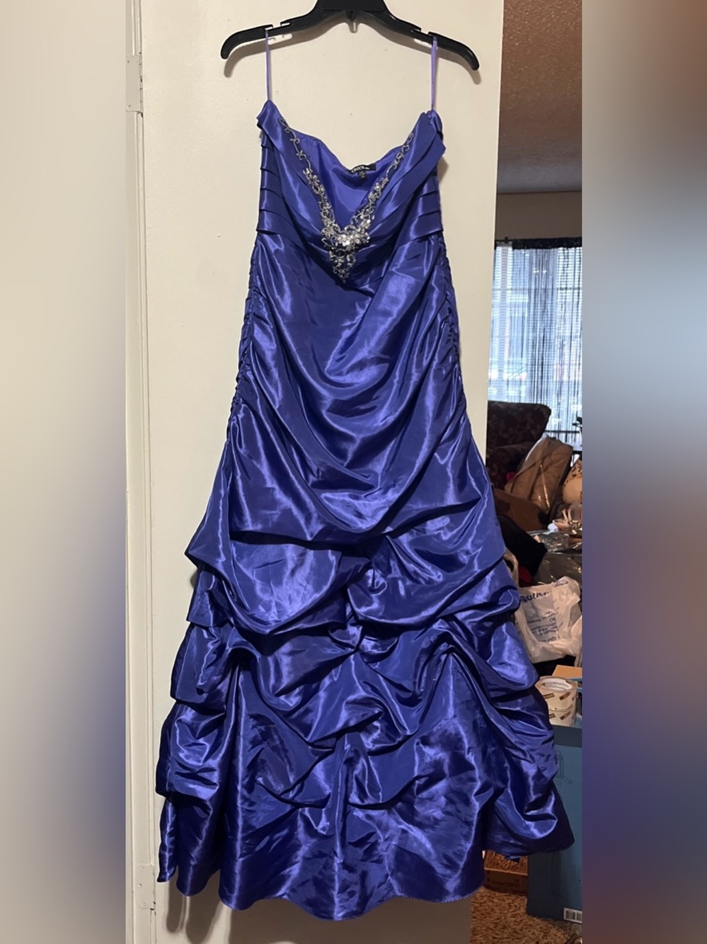 Oynx Nite Purple Strapless Satin Gown with Embellished Neckline